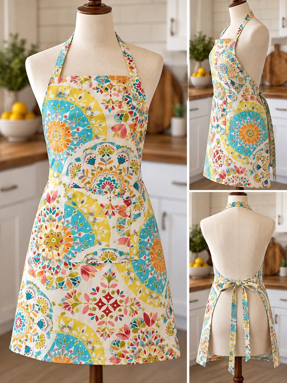 Colorful Mandala Floral Full Apron Boho Kitchen Craft Adjustable Tie Waist